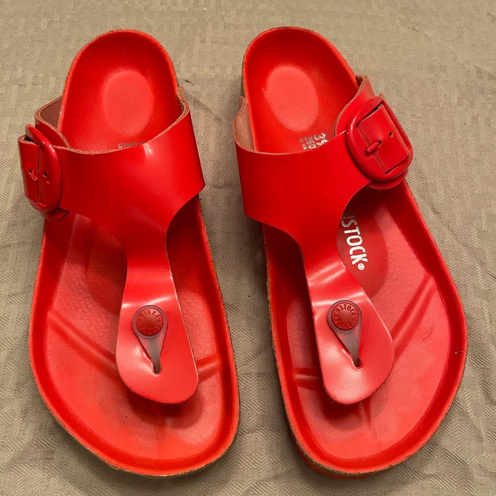 Make an offer!!  Birkenstock Gizeh in high shine tomato size 39